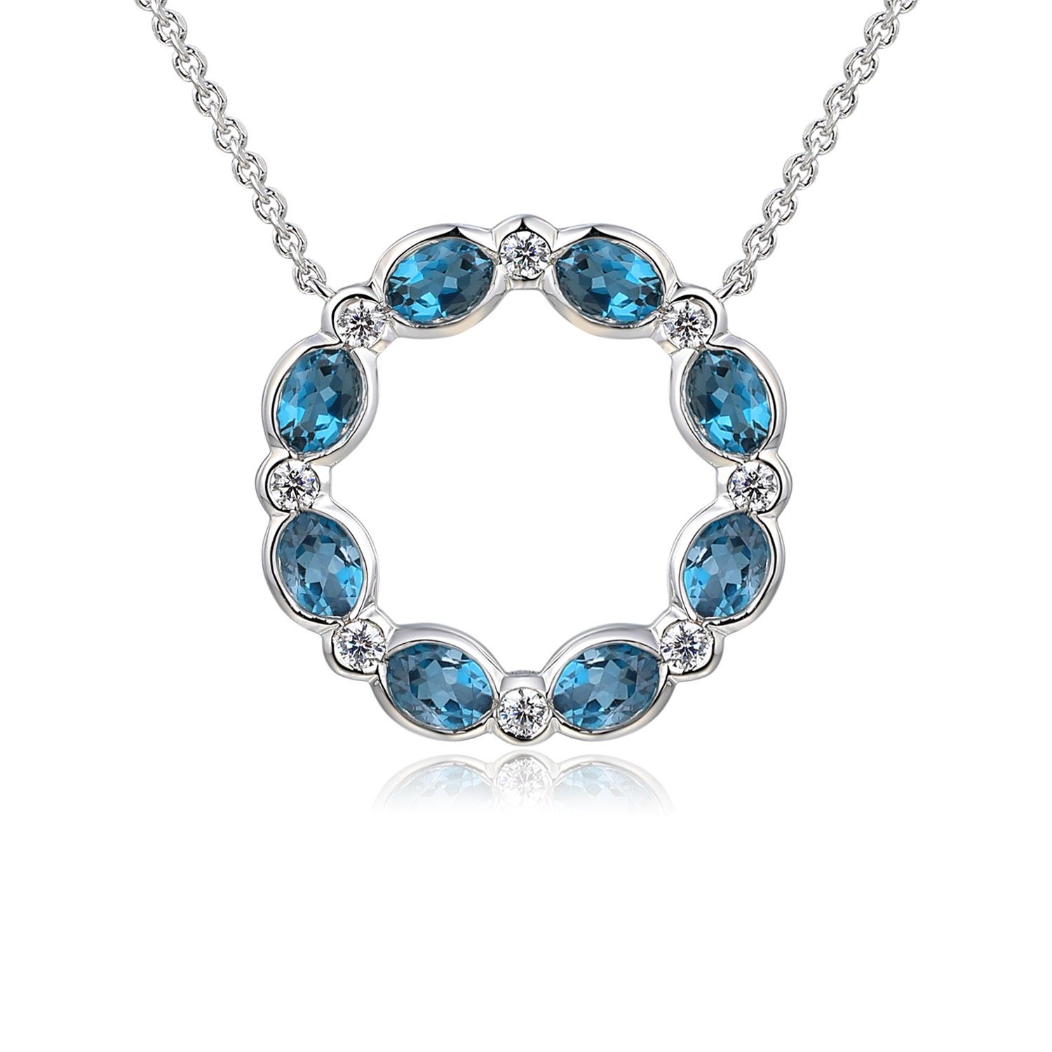 9ct White Gold Blue Topaz and Diamond Circle Necklace