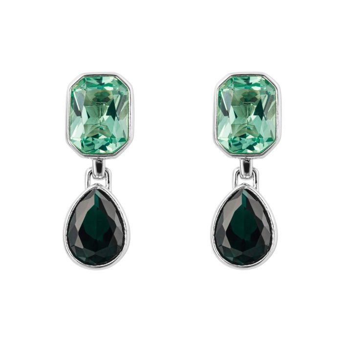 Silver Green Octagon &amp; Teardrop Drop Earrings