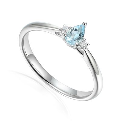 9ct White Gold Pear Aquamarine &amp; Diamond Three Stone Ring
