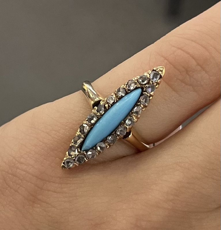 Pre-Owned 14ct Rose Gold Vintage Navette Turquoise Ring
