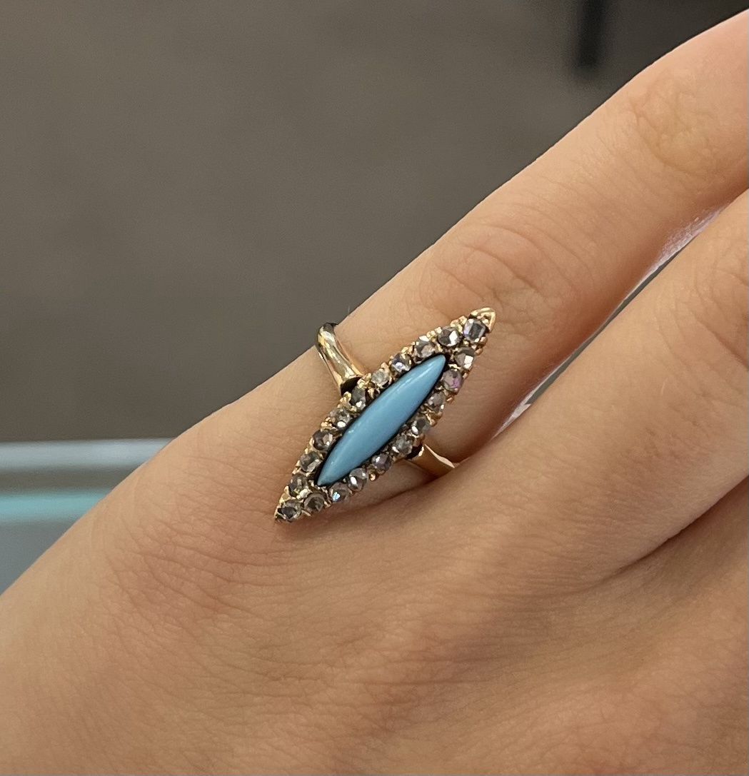 Pre-Owned 14ct Rose Gold Vintage Navette Turquoise Ring