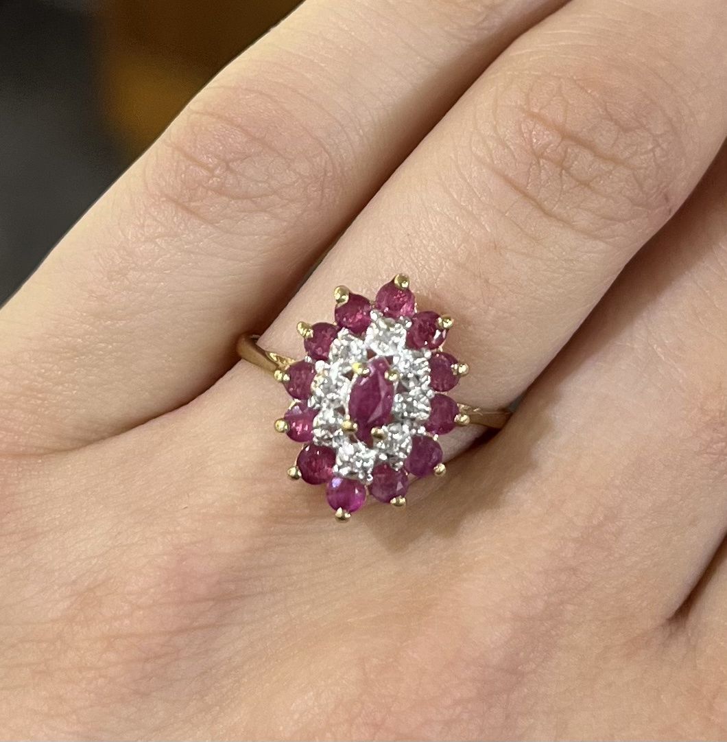 Pre-Owned 9ct Yellow Gold Ruby &amp; Diamond Cluster Ring