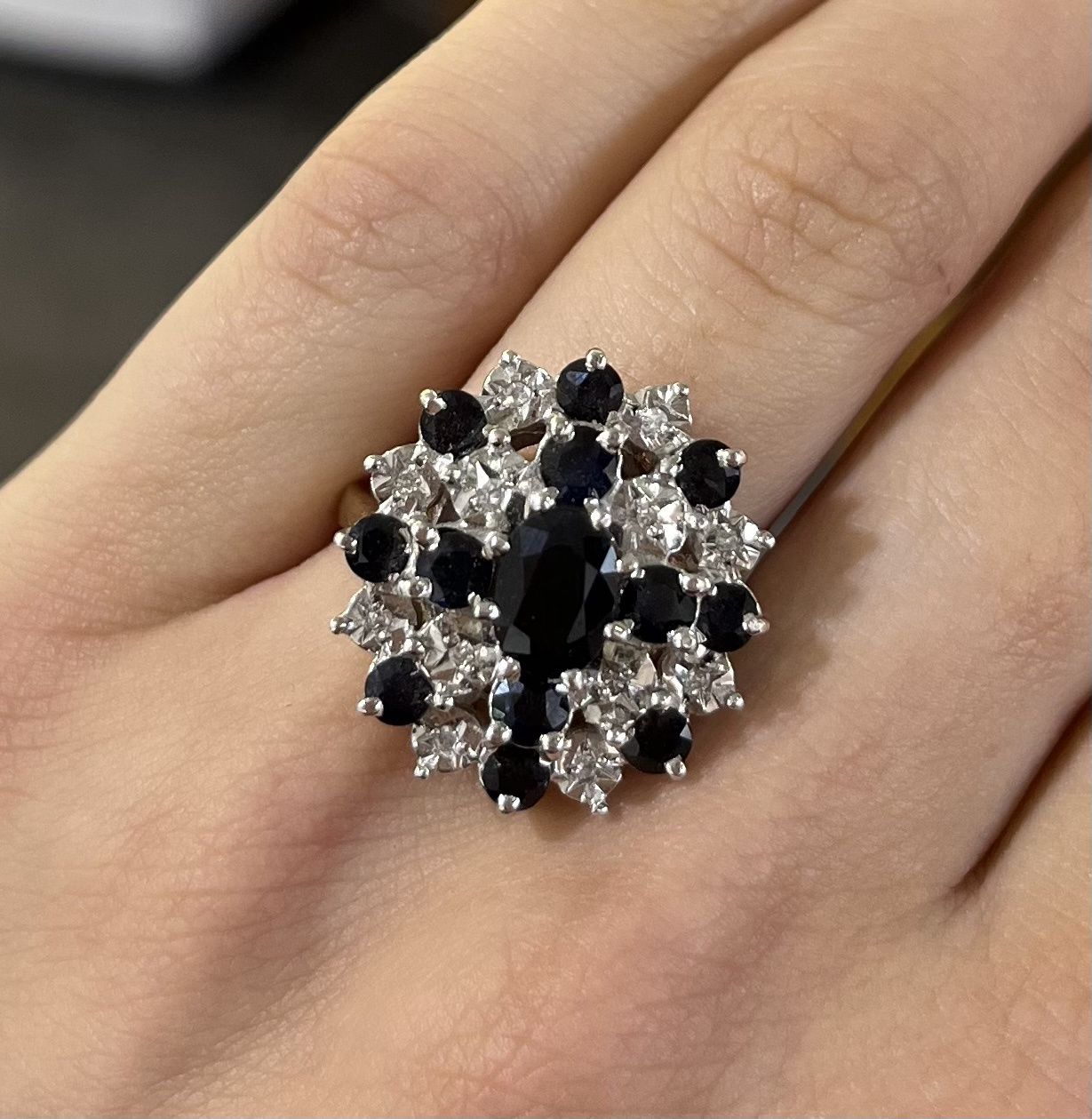 Pre-Owned 9ct Yellow Gold Sapphire &amp; Diamond Flower Cluster Ring