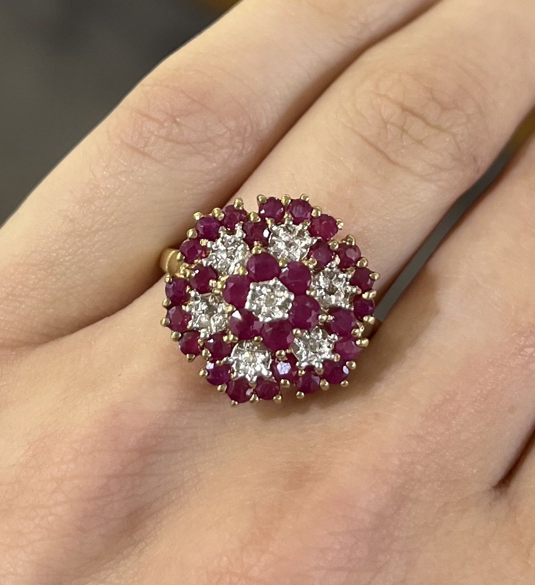 Pre-Owned 9ct Yellow Gold Ruby &amp; Diamond Flower Cluster Ring