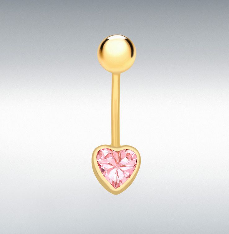 9ct Yellow Gold 5mm Pink CZ Heart Belly-Bar