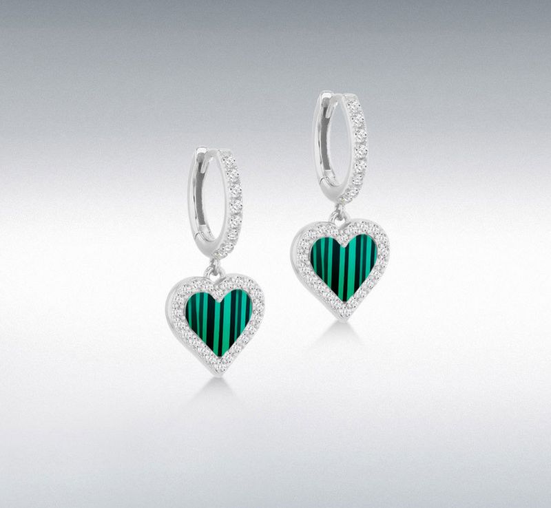 Silver Malachite &amp; CZ Heart Hoop Drop Earring