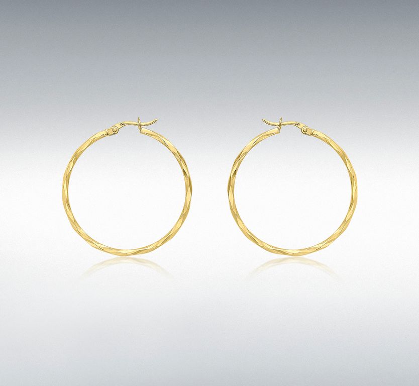9ct Yellow Gold 1.7mm Tube 25mm Diamond Cut Faceted Hoop Creole Earrings