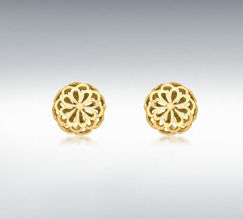 9ct Yellow Gold 10mm Diamond Cut Filigree Dome Stud Earrings