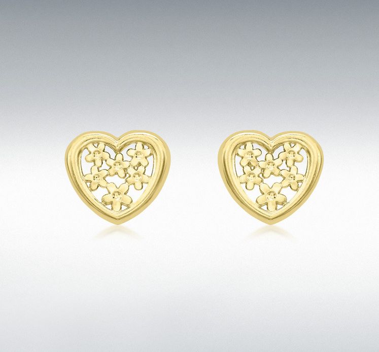 9ct Yellow Gold 8mm x 7mm &#39;Flower Heart&#39; Stud Earrings