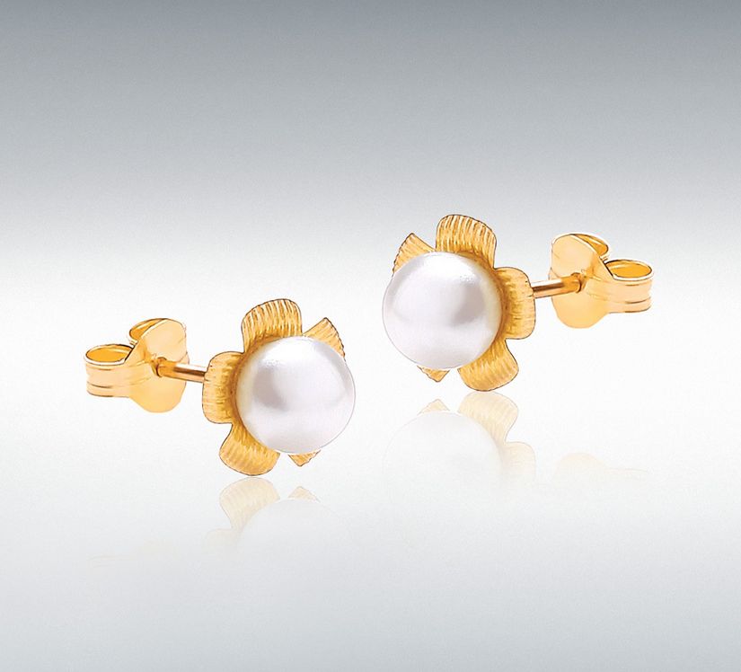 9ct Yellow Gold 5mm Freshwater Pearl 7mm Flower Stud Earrings
