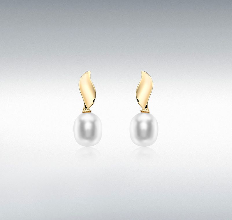 9ct Yellow Gold Freshwater Pearl and Curved Ellipse Earrings 6.5mm x 7.5mm