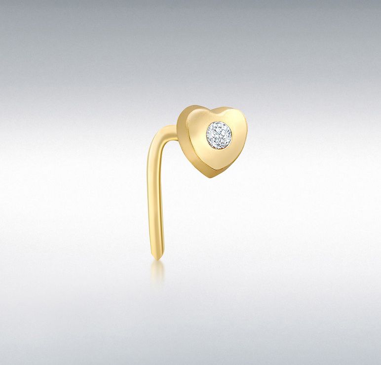 9ct Yellow Gold 1mm CZ Heart Shape Nose Piercing