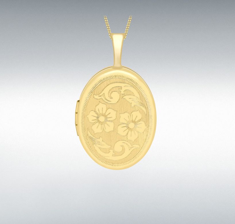 9ct Yellow Gold 16mm x 25mm Etched Flower-Detail Oval Locket