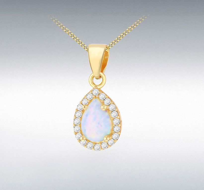 9ct Yellow Gold Teardrop Halo Opal with CZ Pendant  8mm x 17mm