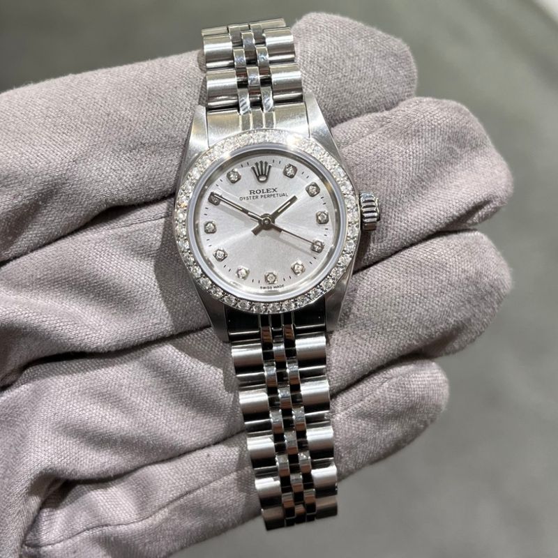 Pre-Owned Rolex Oyster Perpetual Steel Custom Diamond Set Ladies Watch 67180