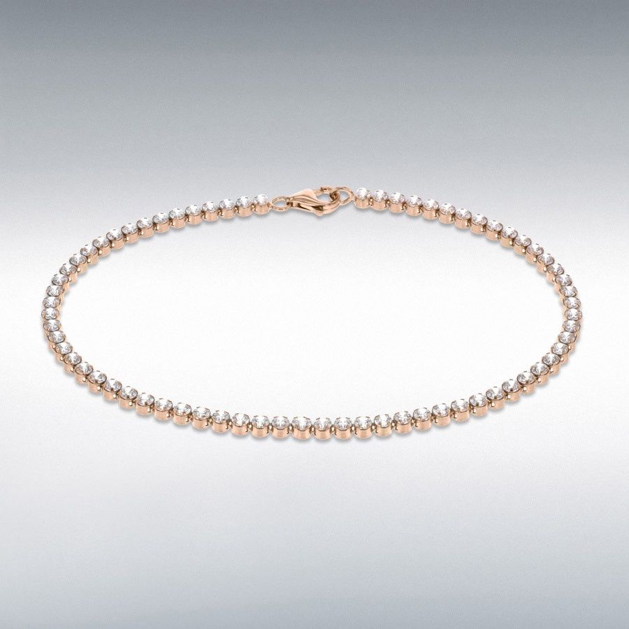 Sterling Silver Rose Gold Plated 2mm Round Cubic Zirconia Tennis Bracelet