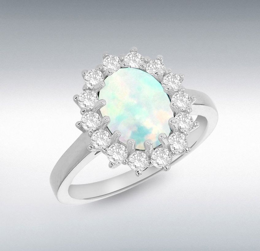 Sterling Silver Rhodium Plated Oval Synthetic Opal and White CZ 12mm x 14mm Flower Cluster Ring