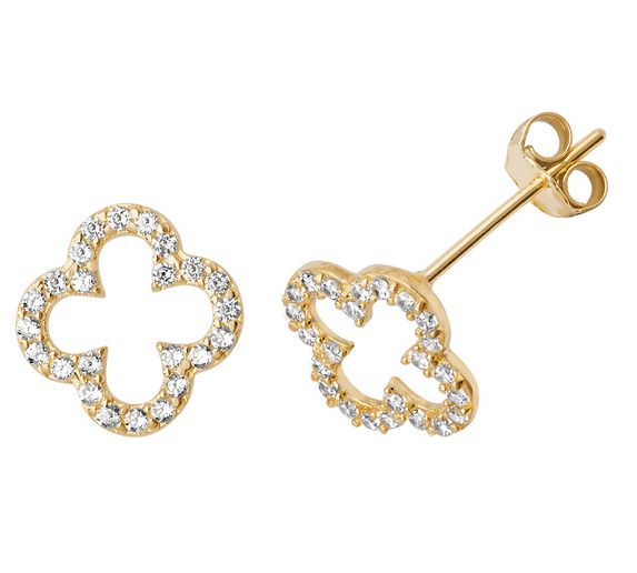 9ct Yellow Gold CZ Open Clover Stud Earrings