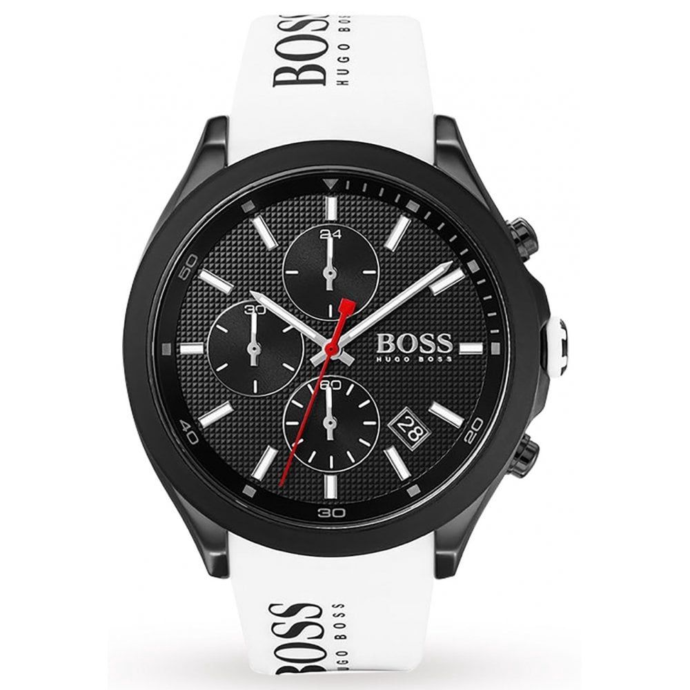 BOSS Mens Velocity Watch Black Dial White Strap