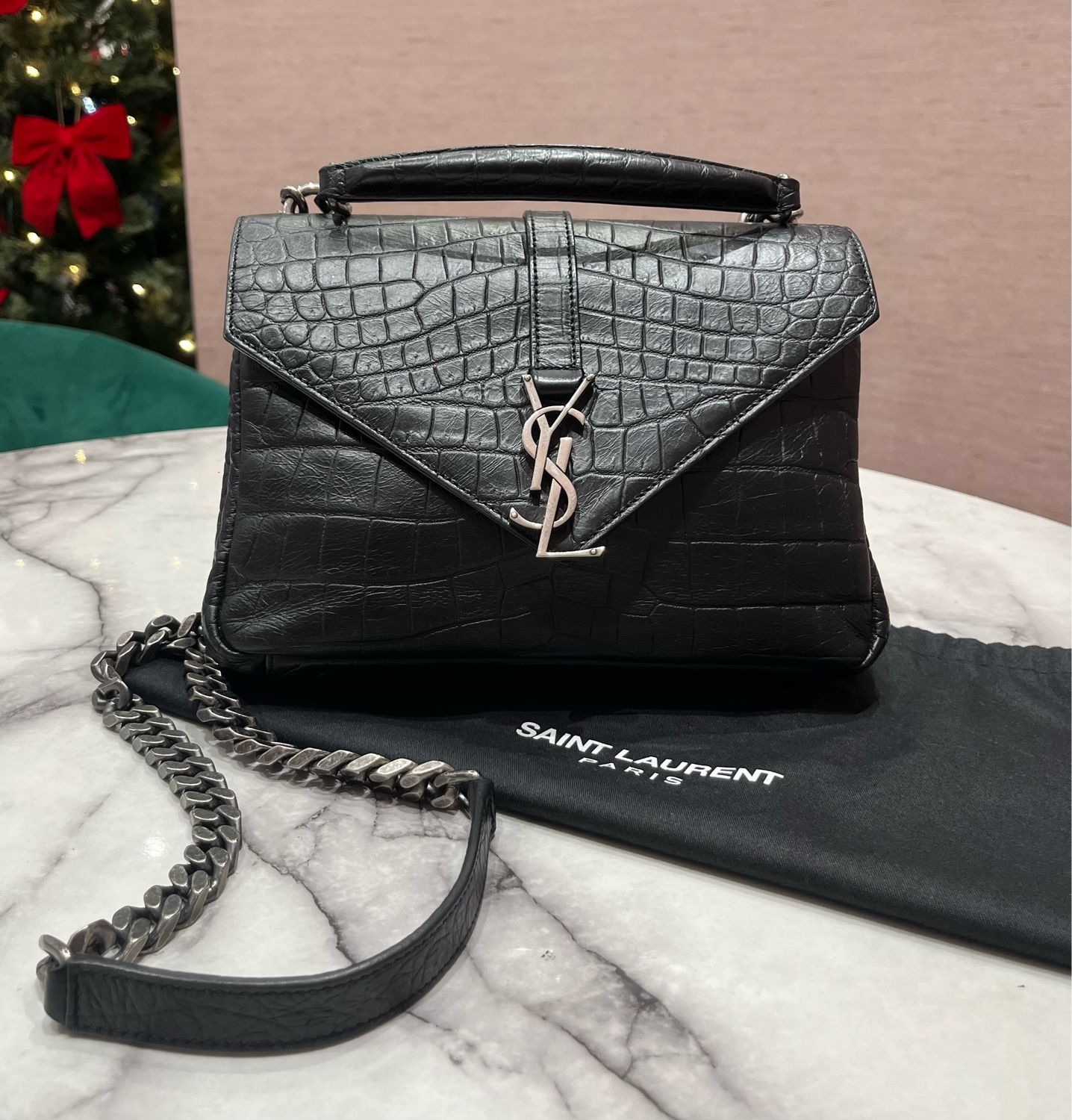 Pre-Owned YSL Paris Medium College Bag in Black Crocodile Embossed Calfskin