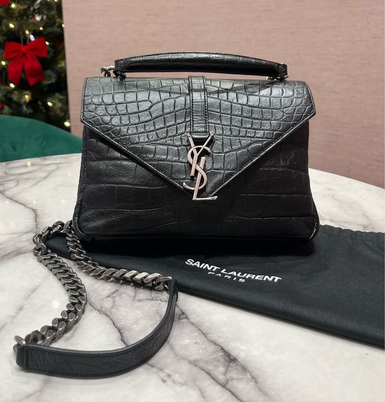 Pre-Owned YSL Paris Medium College Bag in Black Crocodile Embossed Calfskin