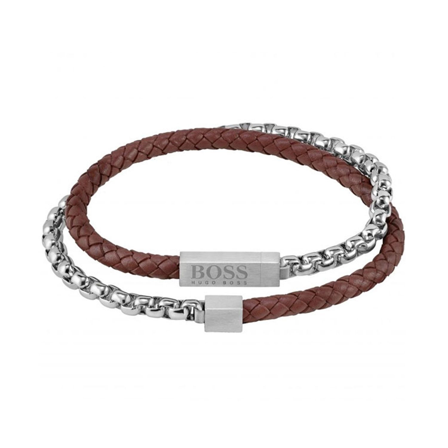 BOSS Brown Leather and Stainless Steel Double Strap Mens Bracelet