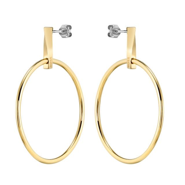 BOSS Ladies Signature Steel Gold Plated Hoop Earrings