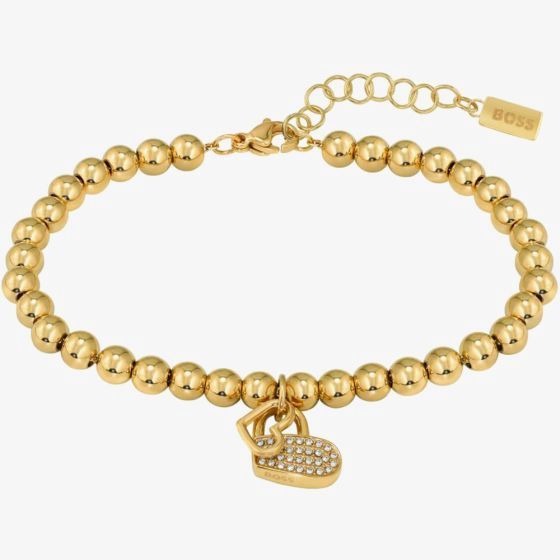 BOSS Soulmate Steel Gold-Tone Beaded Hearts Bracelet