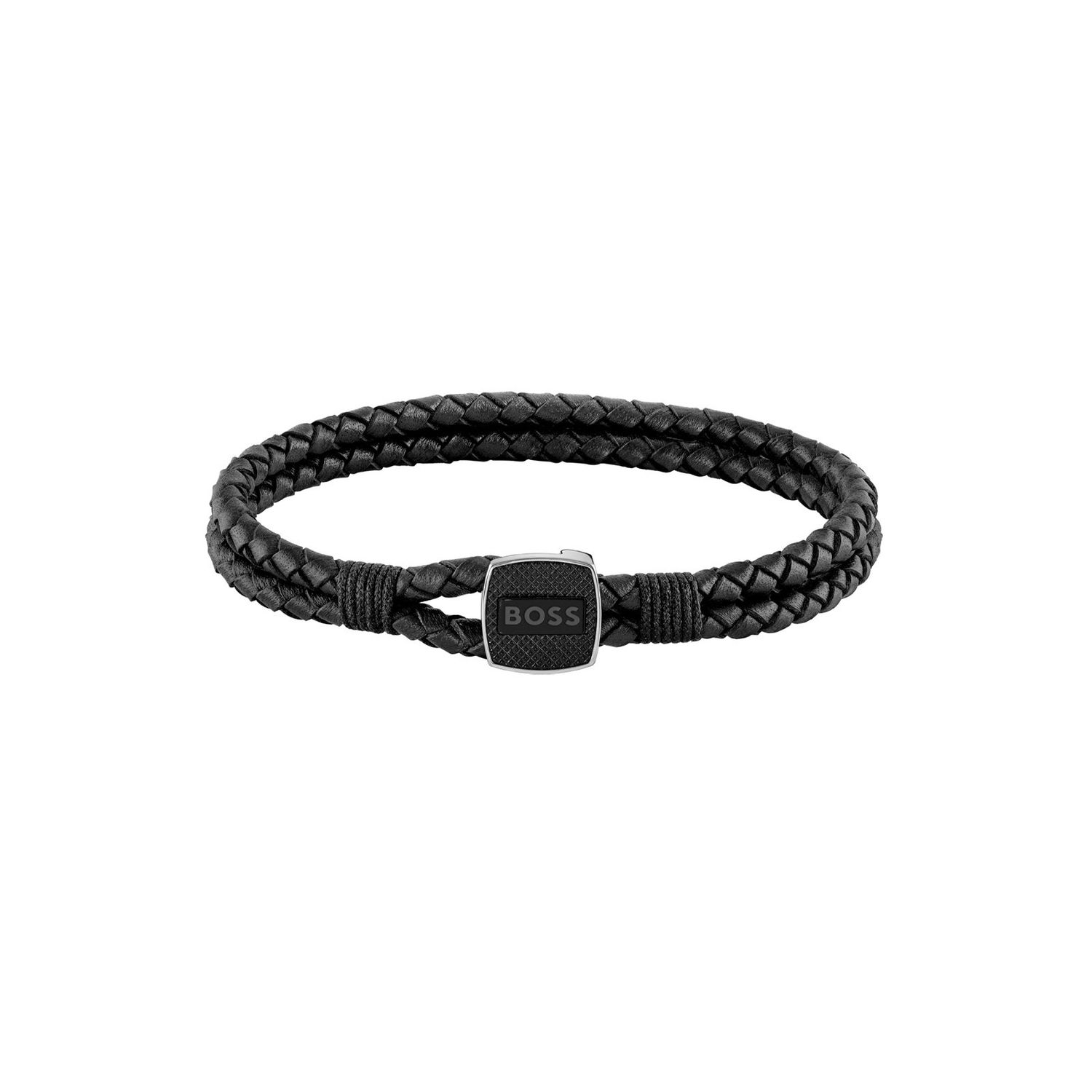 BOSS Seal Men&#39;s Black Leather 7&quot; Bracelet