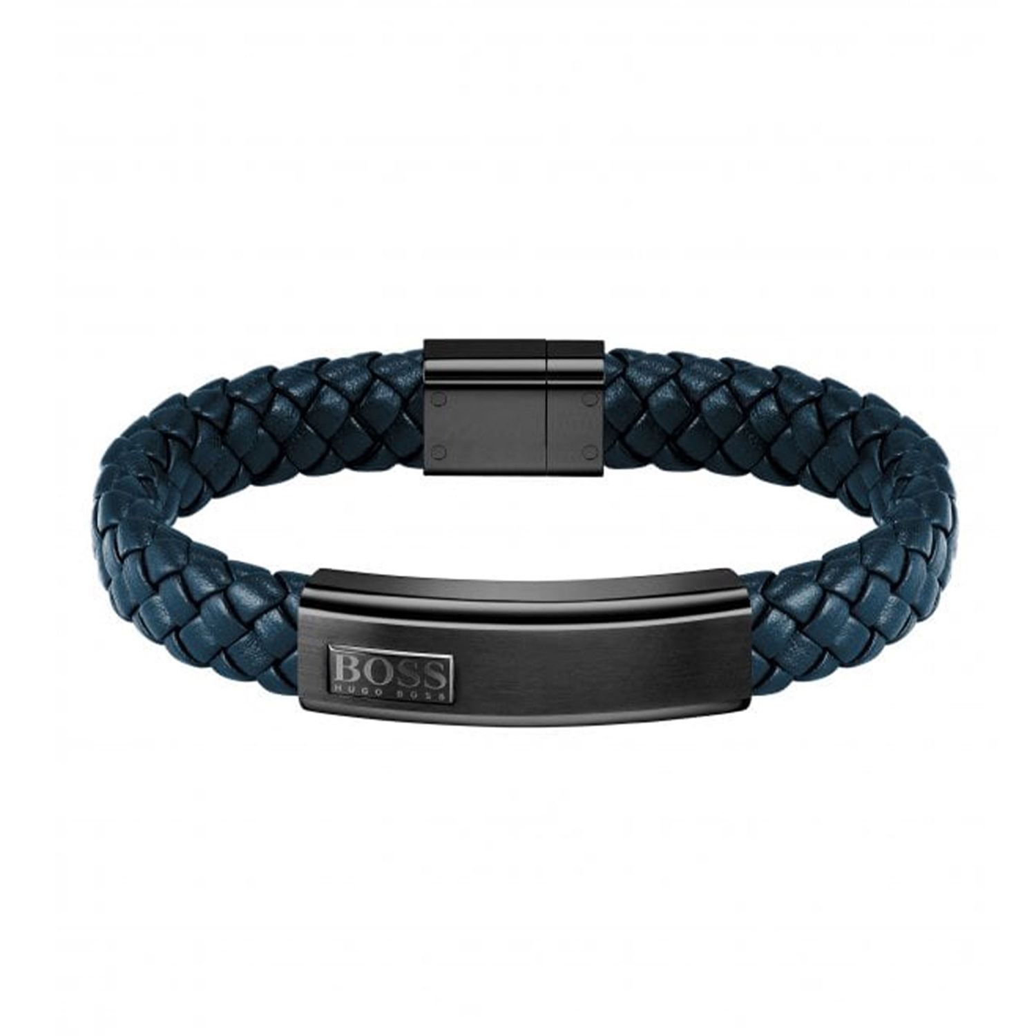 BOSS Mens Lander Blue Plaited Leather Bracelet