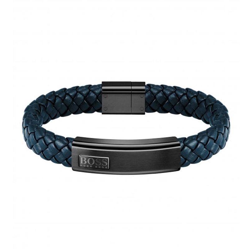 BOSS Mens Lander Blue Plaited Leather Bracelet