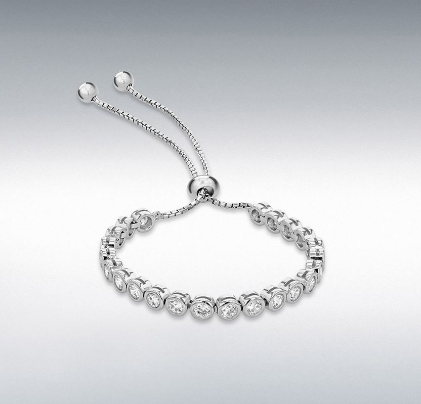 Sterling Silver Rhodium Plated CZ 23-Stone Rubover Adjustable Slider Tennis Bracelet 13cm/5&quot;-23cm/9&quot;