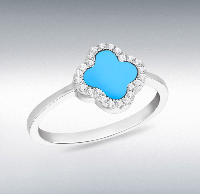Silver Rhodium Plated 11mm Clover Syn Turquoise and 1.1mm White CZ Ring