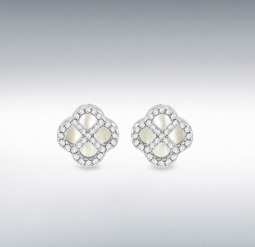Silver Rhodium Plated 11mm Clover Mother Of Pearl and 1.1mm White CZ Stud Earrings