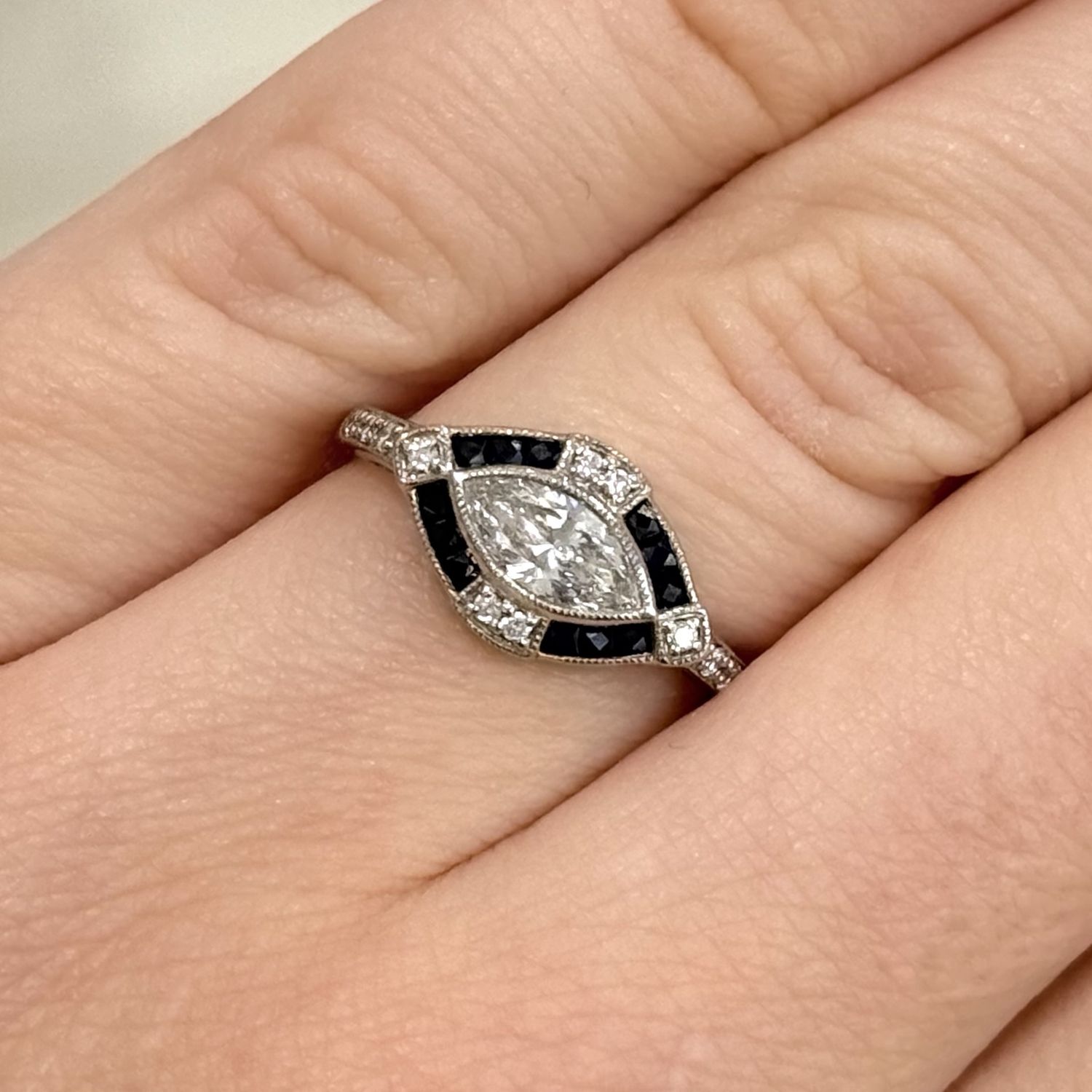 Pre-Owned Platinum Vintage Style 0.70ct Marquise Diamond &amp; 0.20ct Sapphire Ring