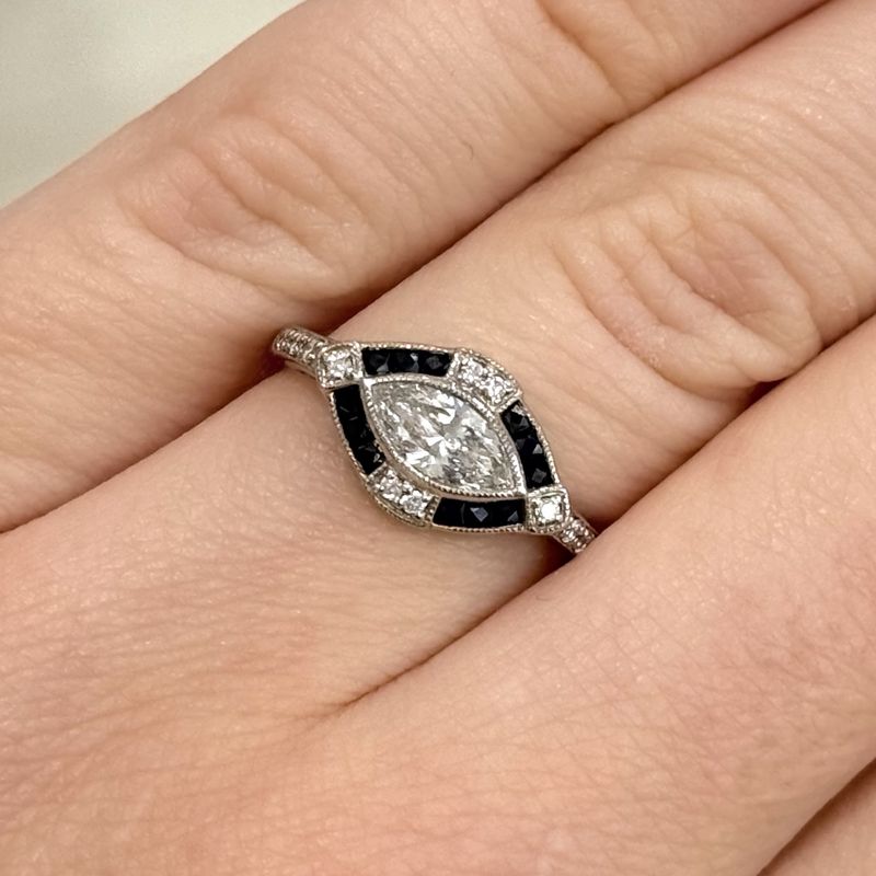 Pre-Owned Platinum Vintage Style 0.70ct Marquise Diamond &amp; 0.20ct Sapphire Ring