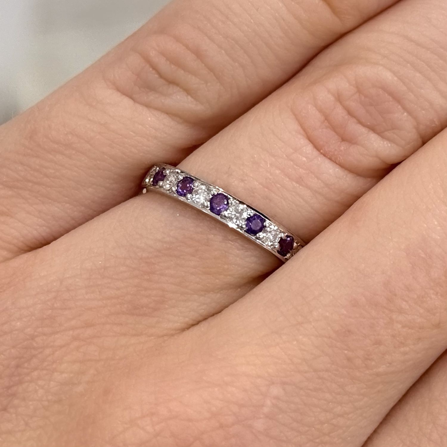 Pre-Owned 9ct White Gold 0.18ct Diamond &amp; 0.20ct Amethyst 1/2 Eternity Ring