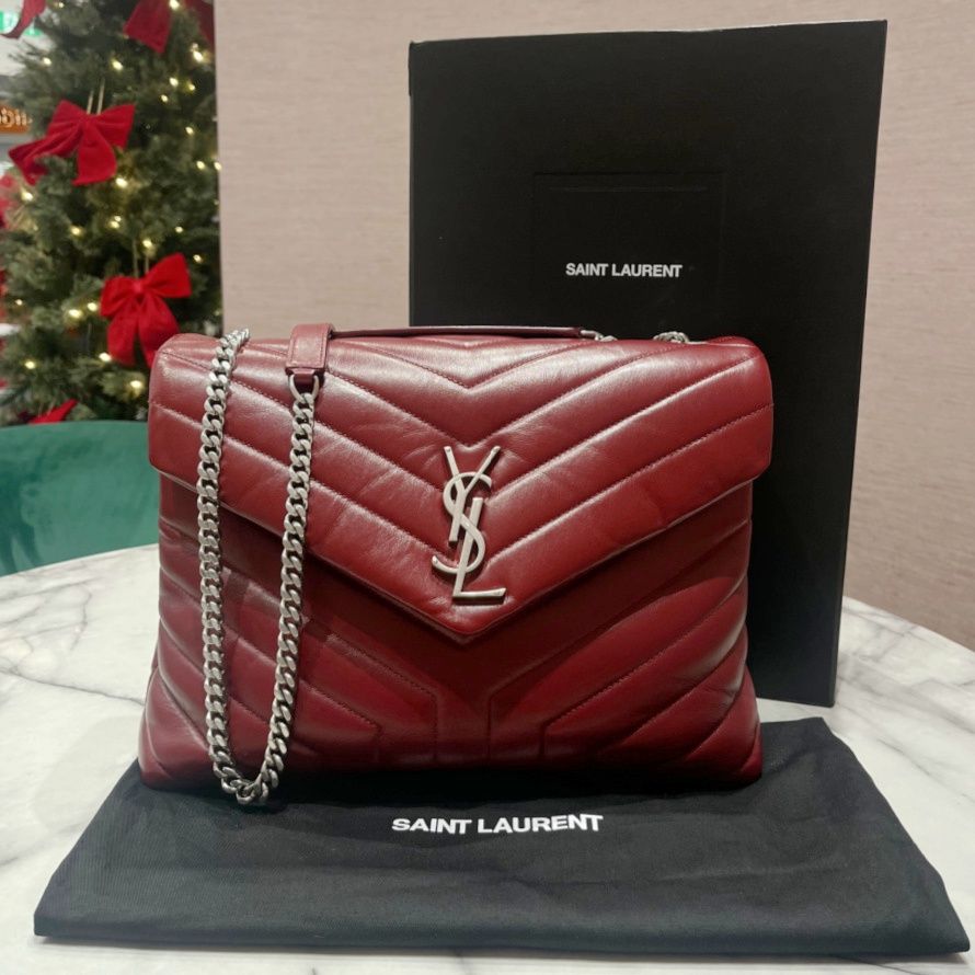 Pre-Owned YSL Medium LouLou Bag in Red Calfskin With Brushed Silver-Toned Hardware