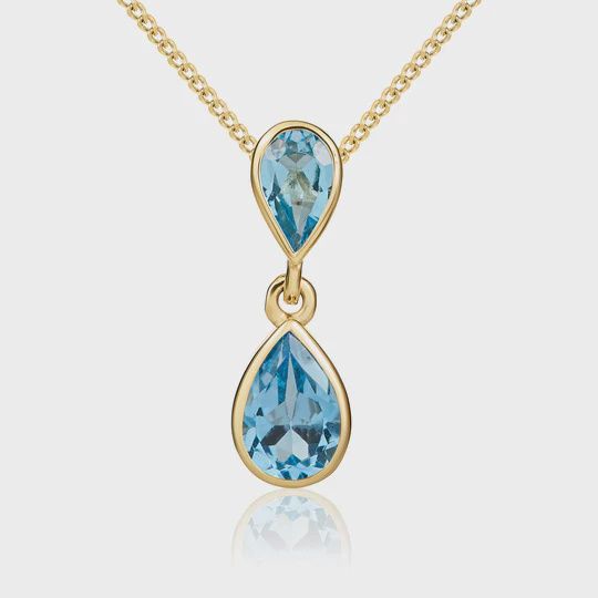 9ct Yellow Gold Pear Shaped Swiss Blue Topaz Double Drop Pendant