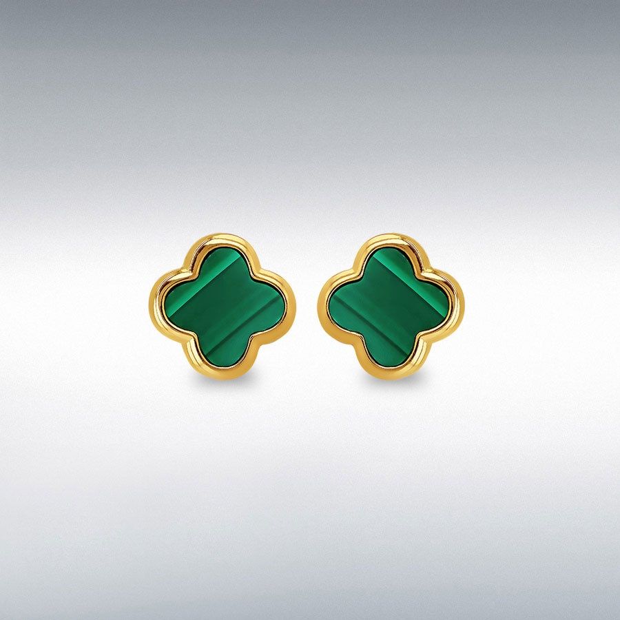 Sterling Silver Yellow Gold Plated Clover Malachite Stud Earrings