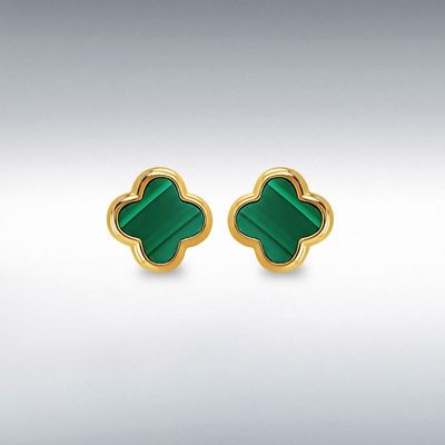 Sterling Silver Yellow Gold Plated Clover Malachite Stud Earrings
