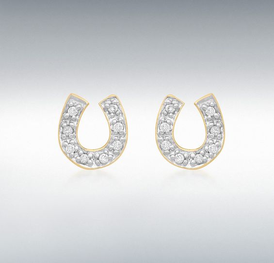 9ct Yellow Gold CZ 7mm x 7mm Horseshoe Stud Earrings
