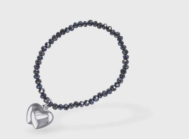 Stretch Charm Bracelet with Granite Grey Coloured Beads &amp; Double Heart Charm