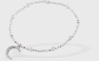 Silver Coloured Stretch Beaded Charm Bracelet &amp; Crescent Moon Charm