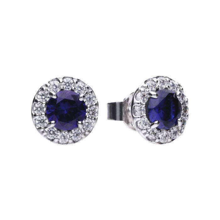 Silver Diamonfire Round Blue Pave Stud Earrings