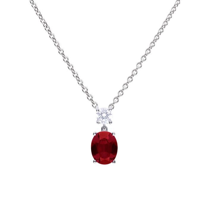 Silver Diamonfire Oval Zirconia Drop Pendant, Colour: Red