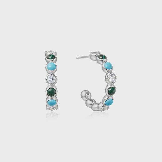 Silver Malachite and Turquoise Large Hoops, Colour: Silver