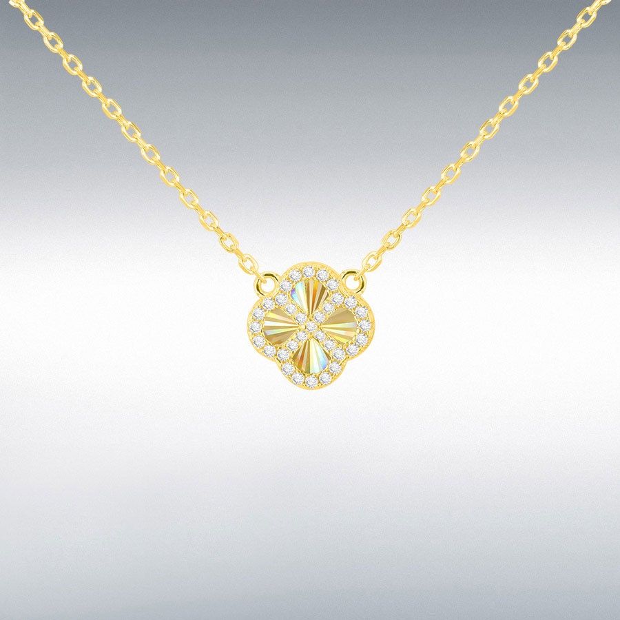 Sterling Silver Yellow Gold Plated Rainbow Clover and White CZ Adjustable Necklace