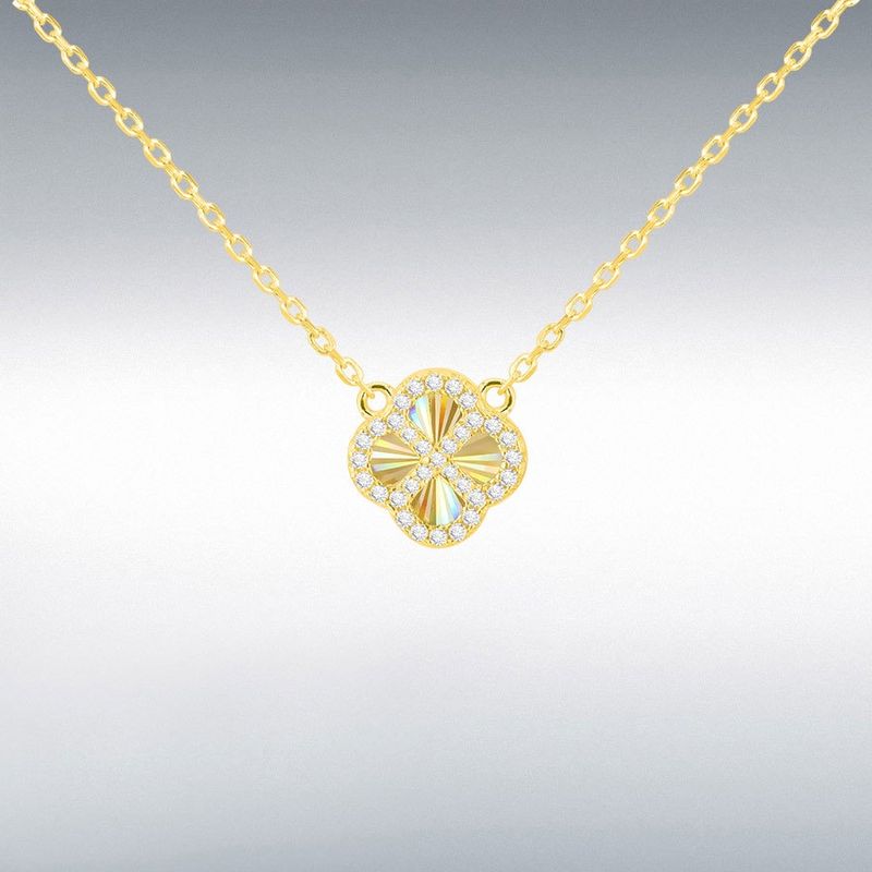 Sterling Silver Yellow Gold Plated Rainbow Clover and White CZ Adjustable Necklace