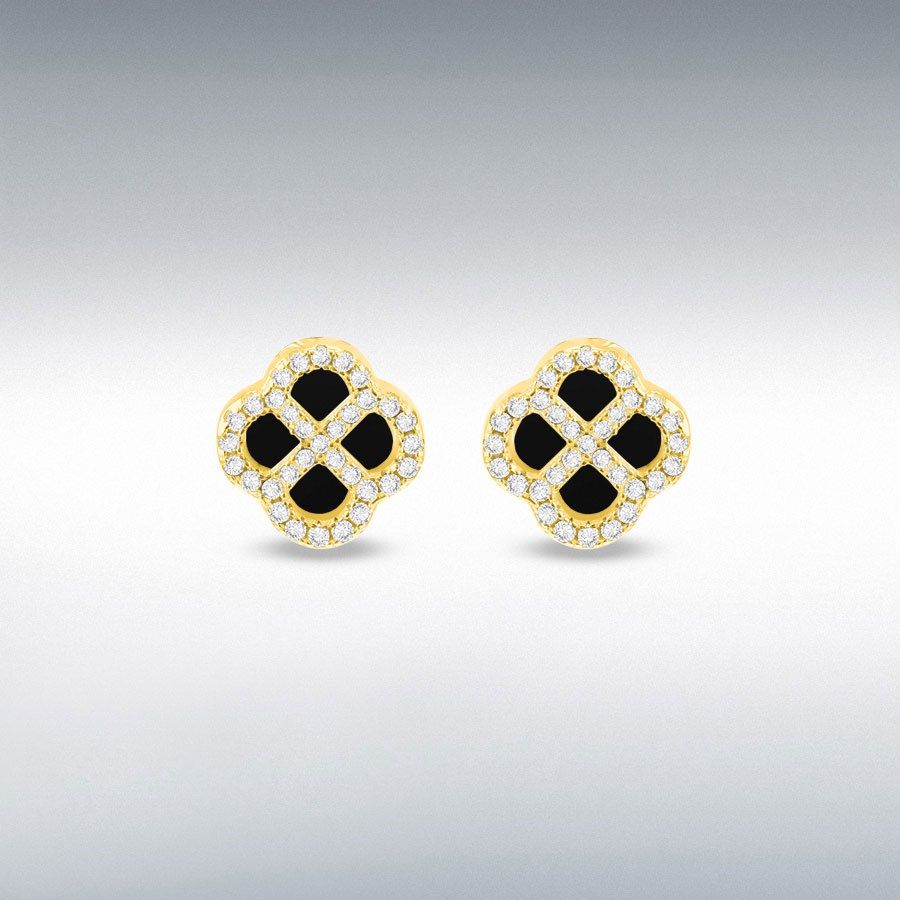 Sterling Silver Yellow Gold Plated Clover Black Agate and White CZ Stud Earrings